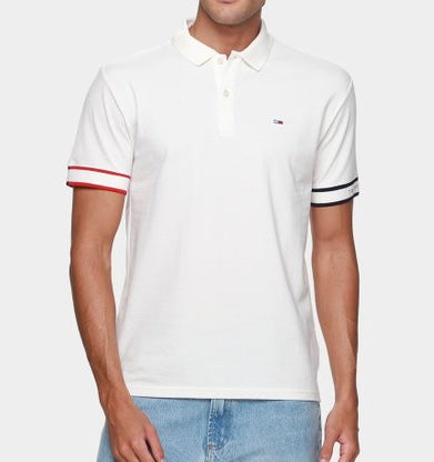 Camisa Polo Tommy Jeans Flag Cuff Masculina - off white