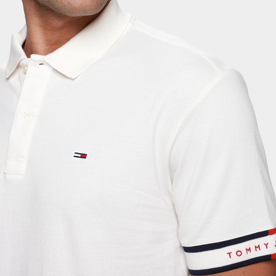 Camisa Polo Tommy Jeans Flag Cuff Masculina - off white