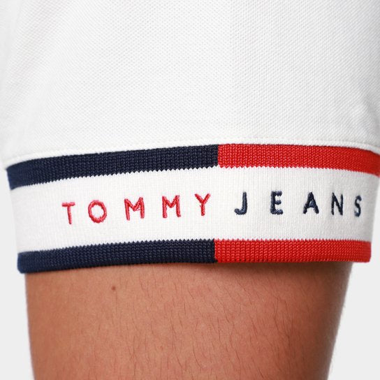 Camisa Polo Tommy Jeans Flag Cuff Masculina - off white