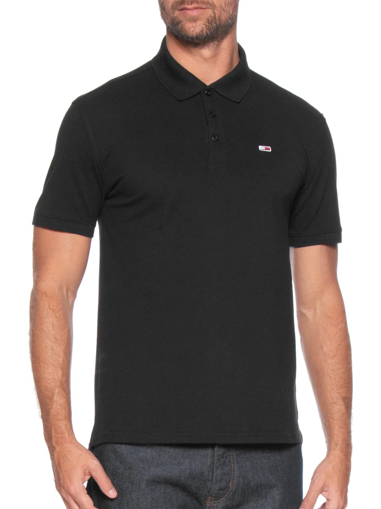 Polo Tommy Jeans Bandeira Bordada Original fone Piquet - Preto
