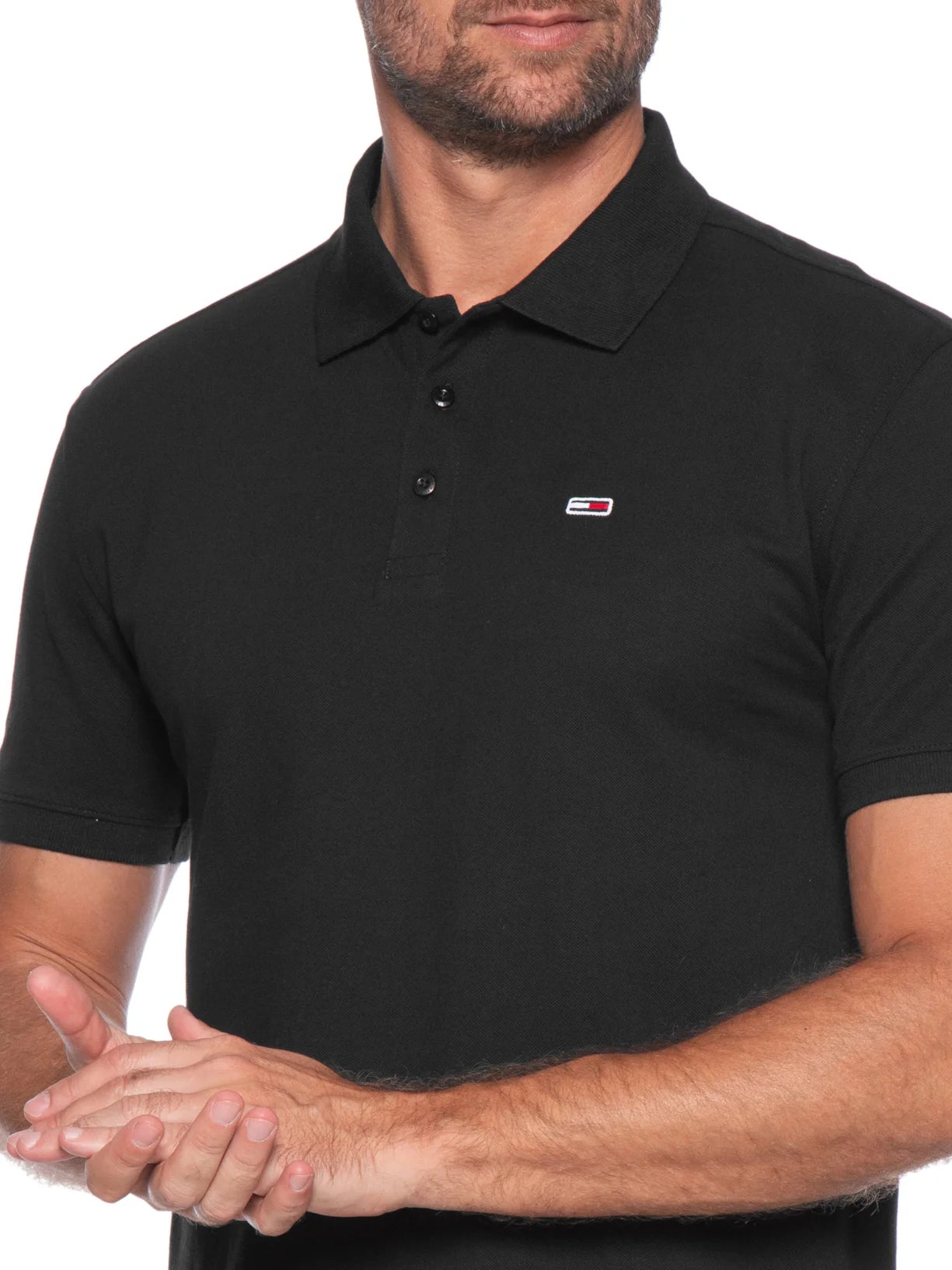 Polo Tommy Jeans Bandeira Bordada Original fone Piquet - Preto